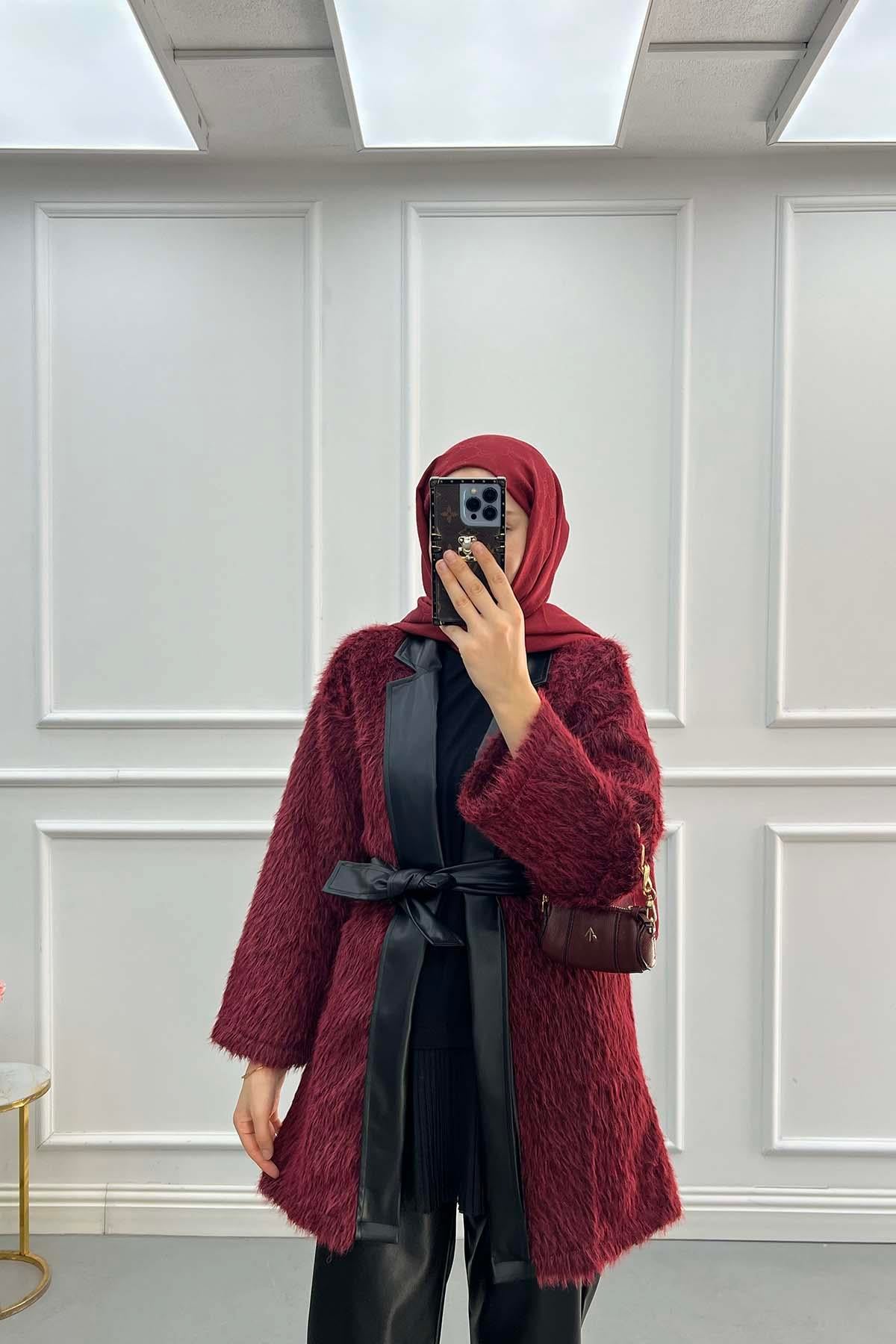 Deri Garnili Sakallı Ceket Bordo