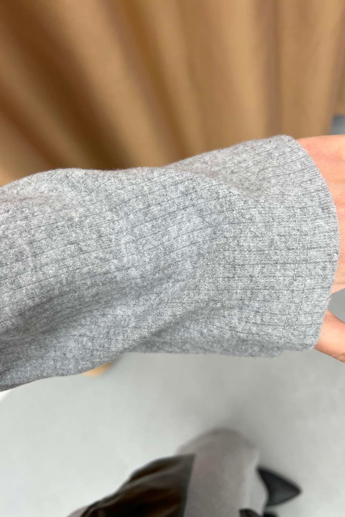 Deri Kemerli Triko Elbise Açık Gri