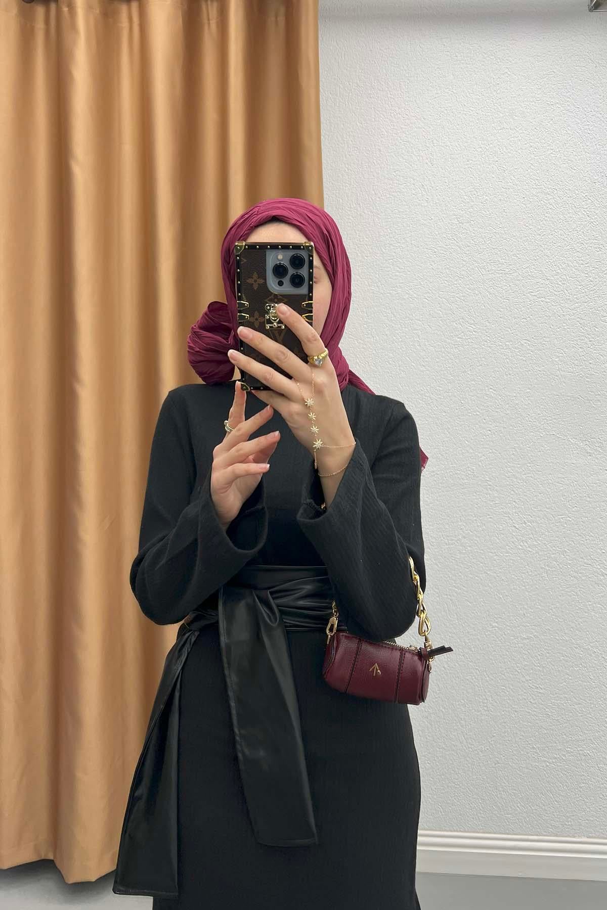 Deri Kemerli Triko Elbise Siyah