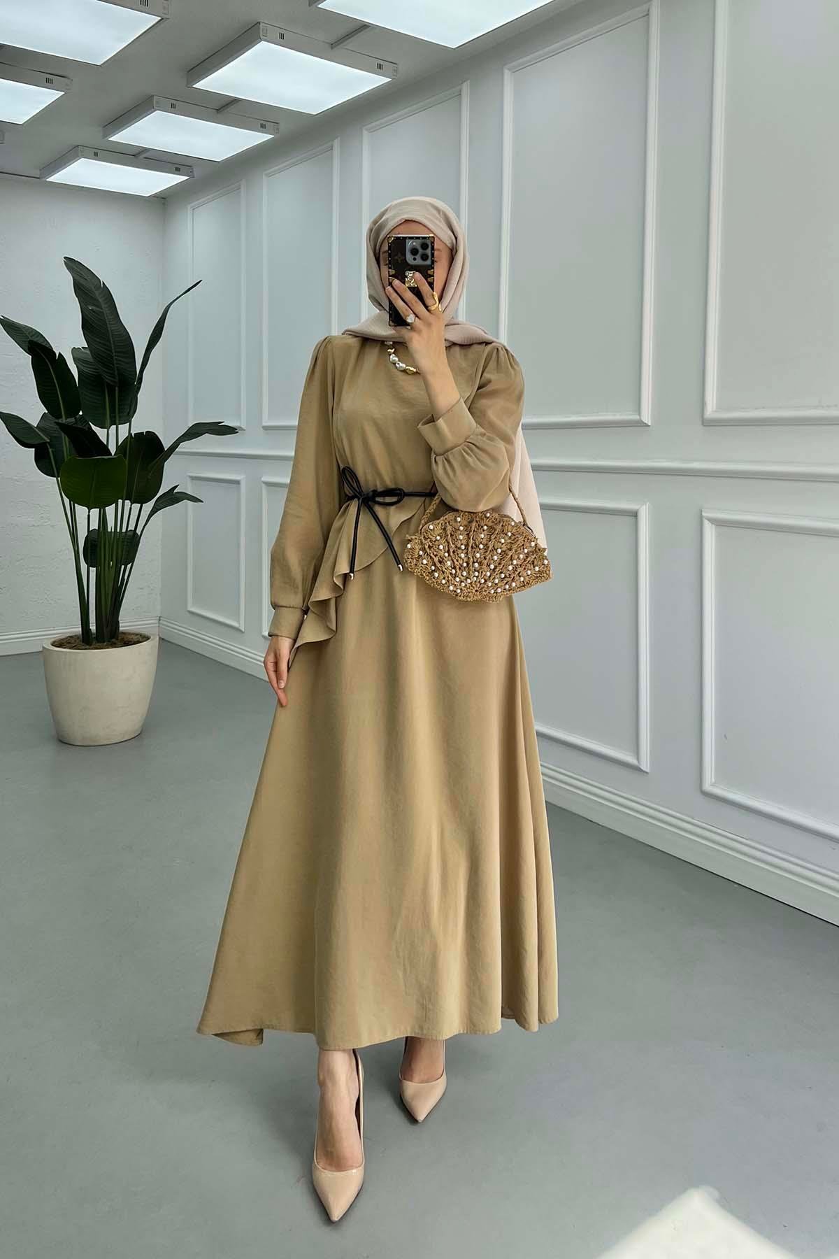Deri Kuşaklı Elbise Camel