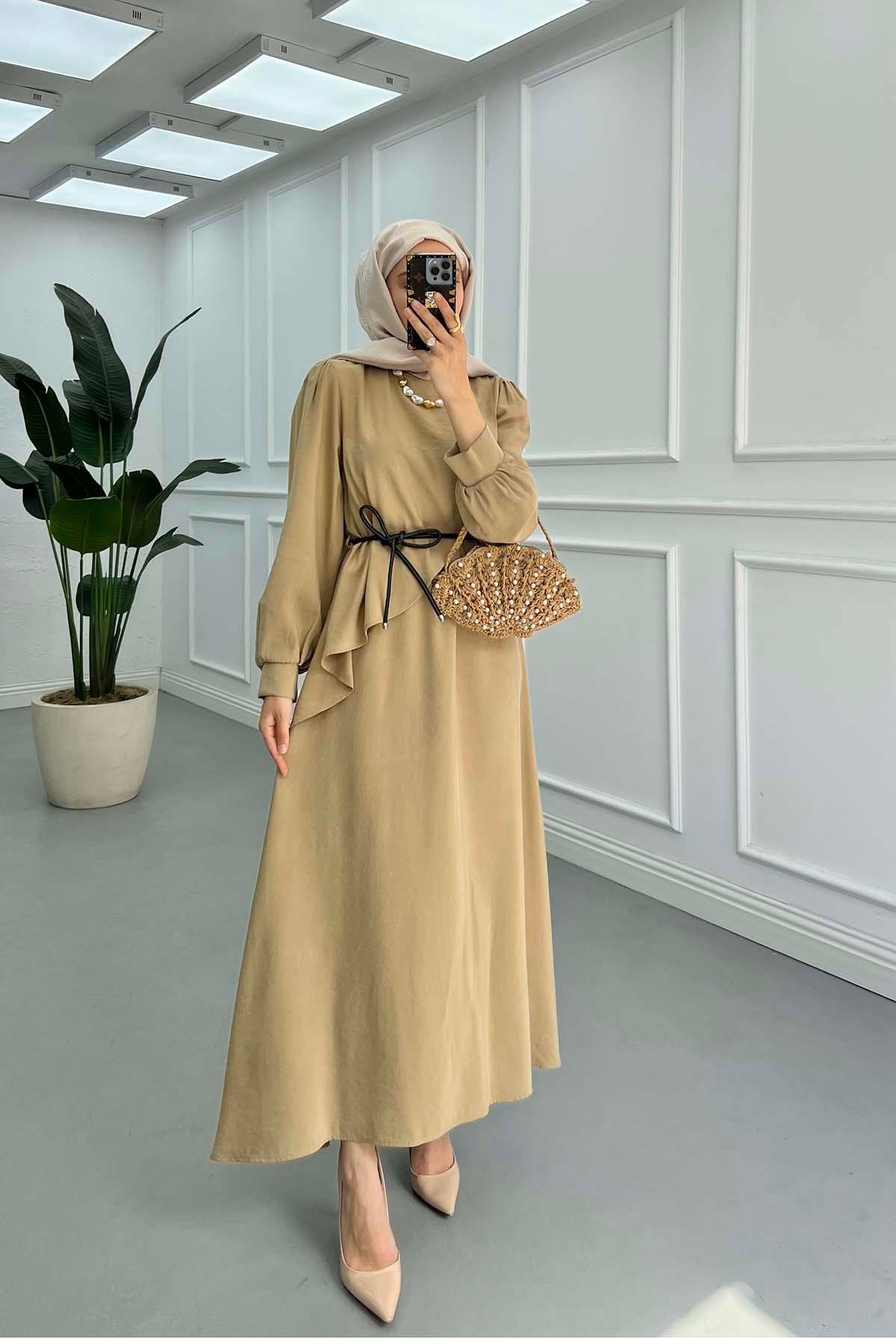 Deri Kuşaklı Elbise Camel