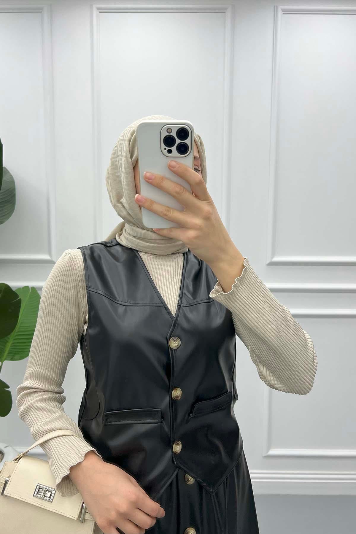 Deri Yelek Etek Takım Siyah