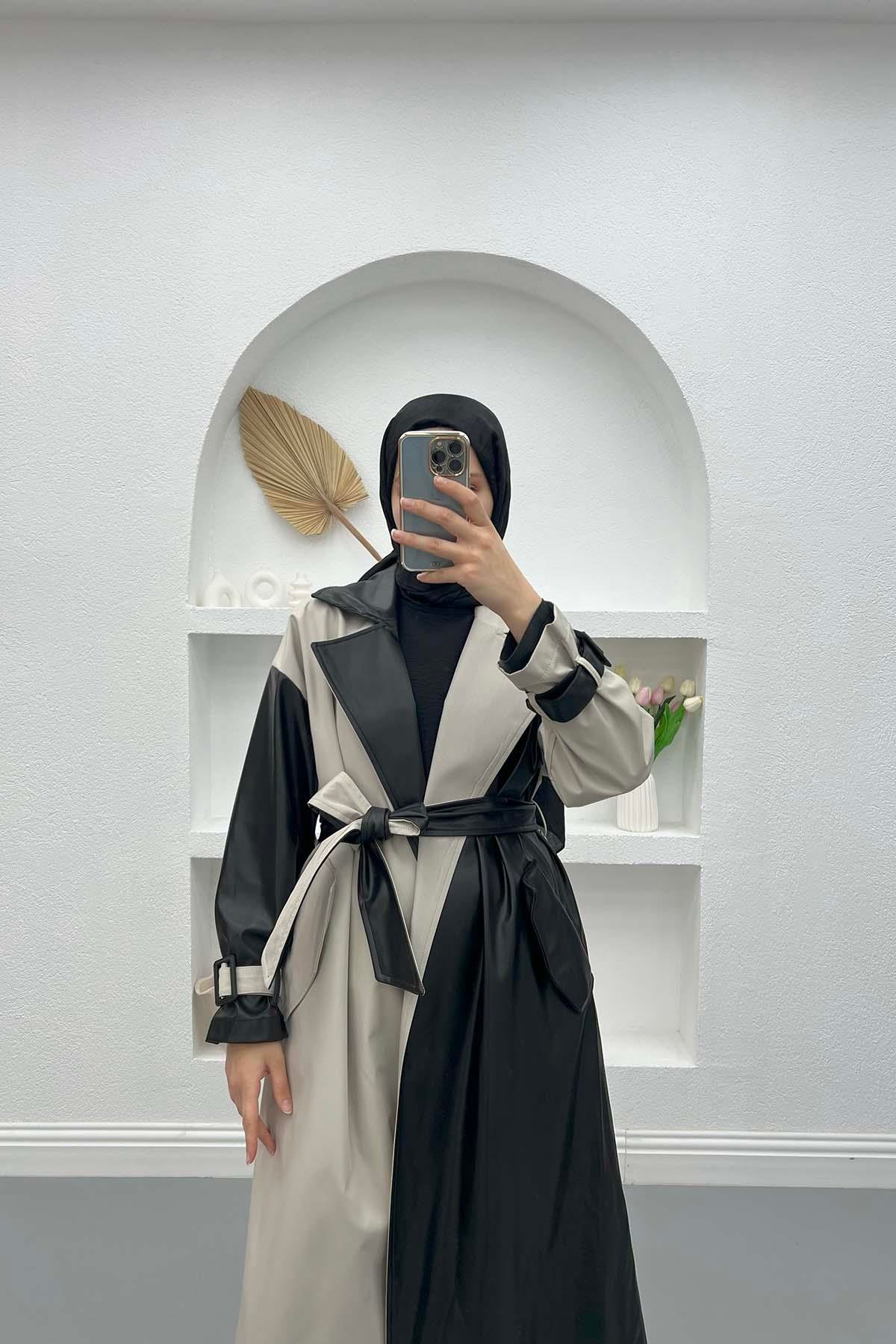 Deri Zebra Trençkot Siyah- Beyaz