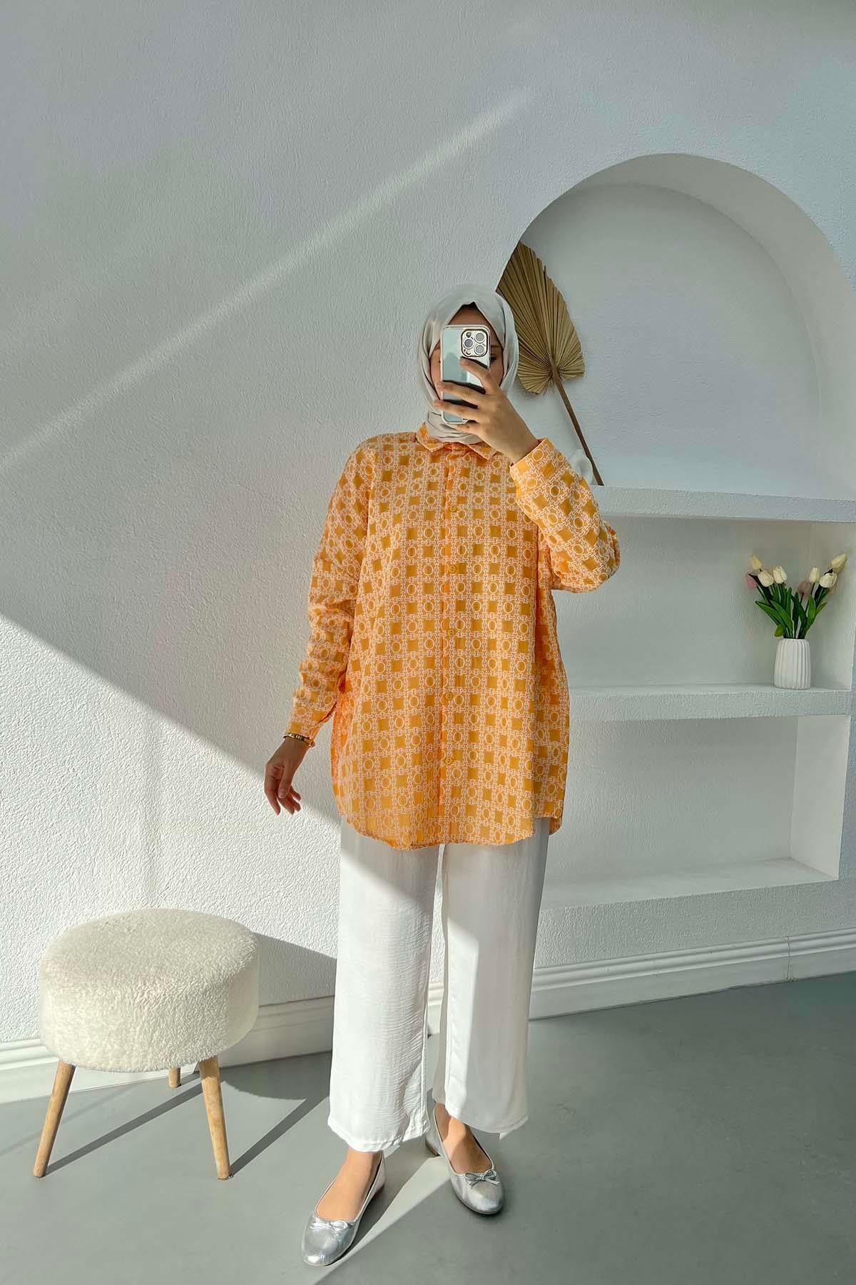 Desen İşlemeli Oversize Gömlek Hardal