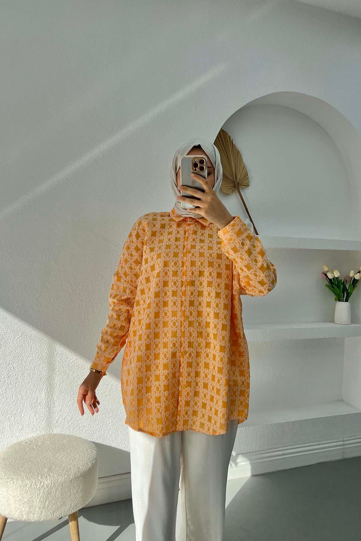 Desen İşlemeli Oversize Gömlek Hardal