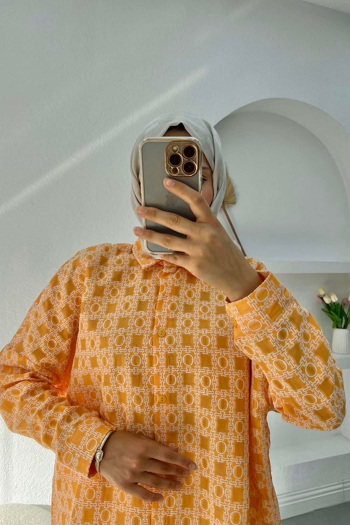 Desen İşlemeli Oversize Gömlek Hardal