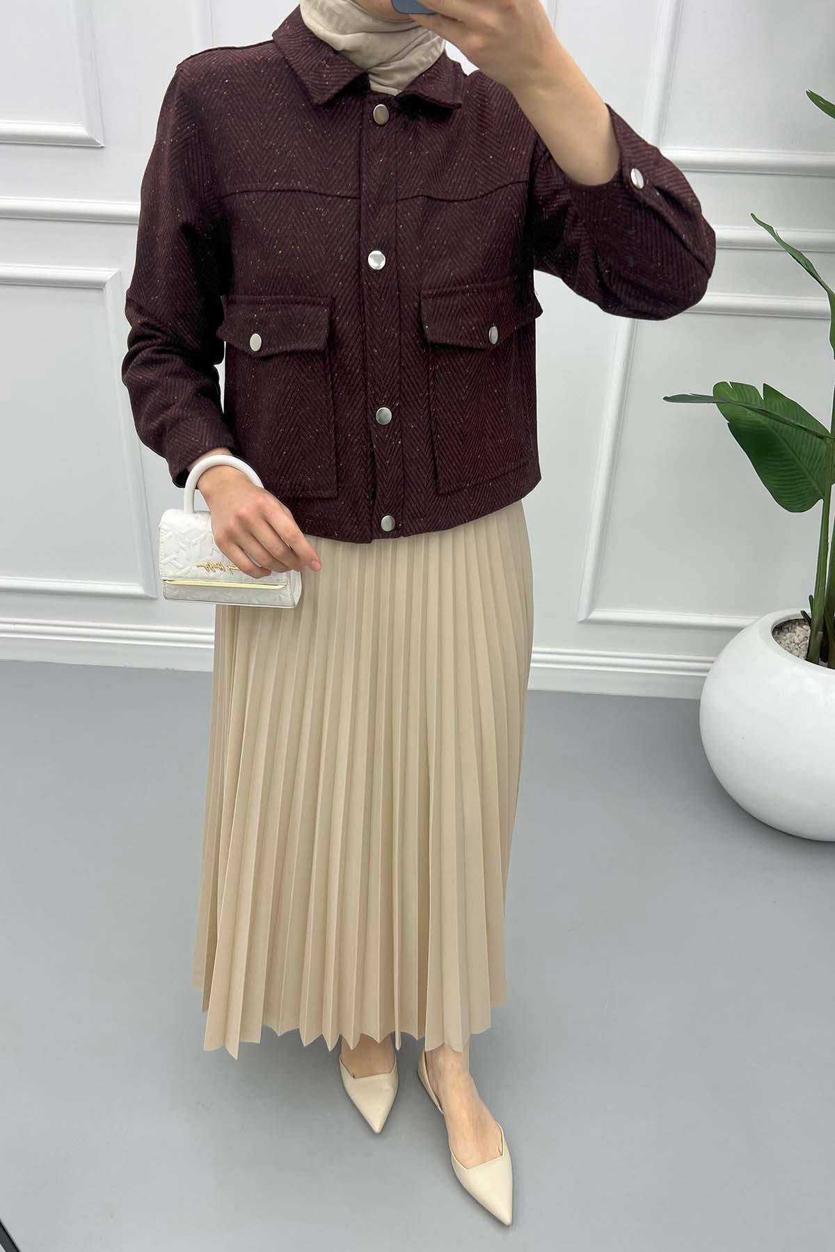 Desenli Crop Ceket Bordo
