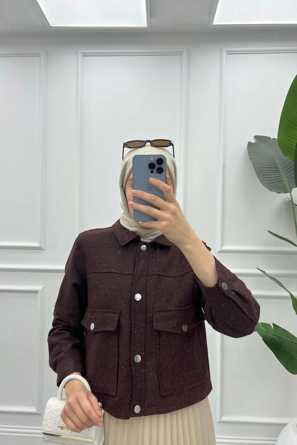 Desenli Crop Ceket Bordo