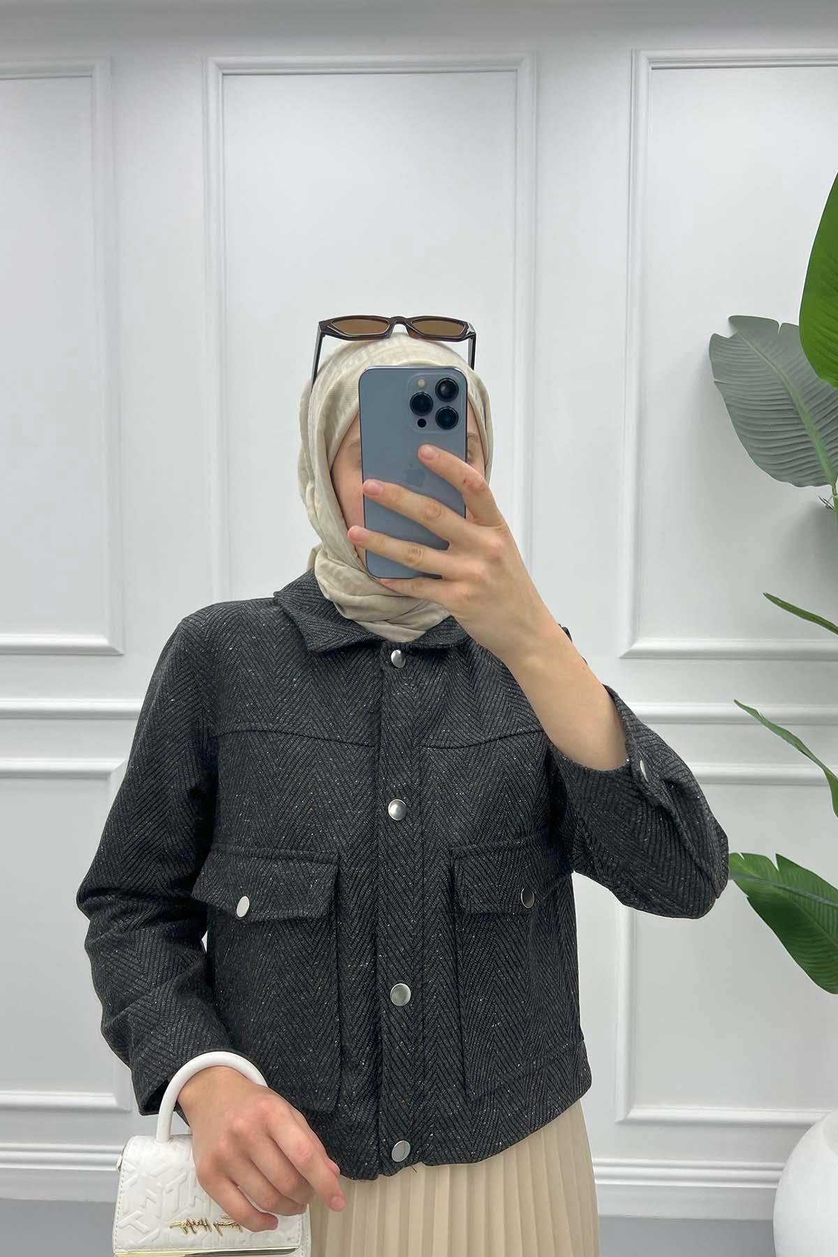 Desenli Crop Ceket Siyah