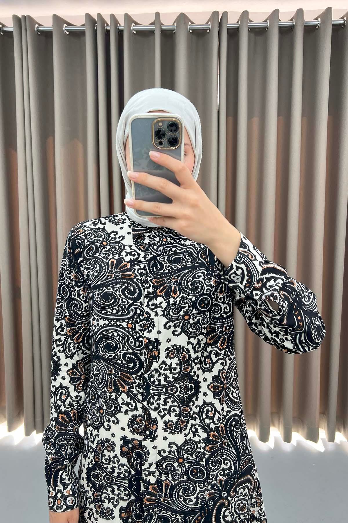 Desenli Gömlek Tunik Siyah