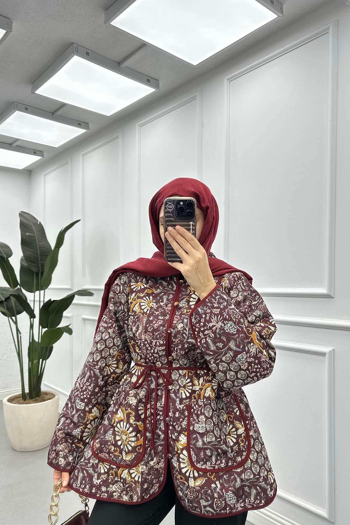 Desenli Kapitone Ceket Bordo