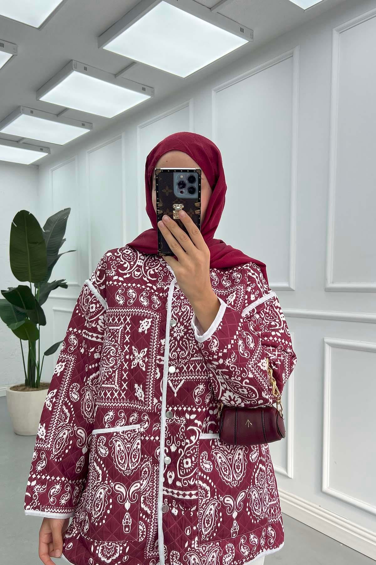 Desenli Kapitone Ceket Bordo