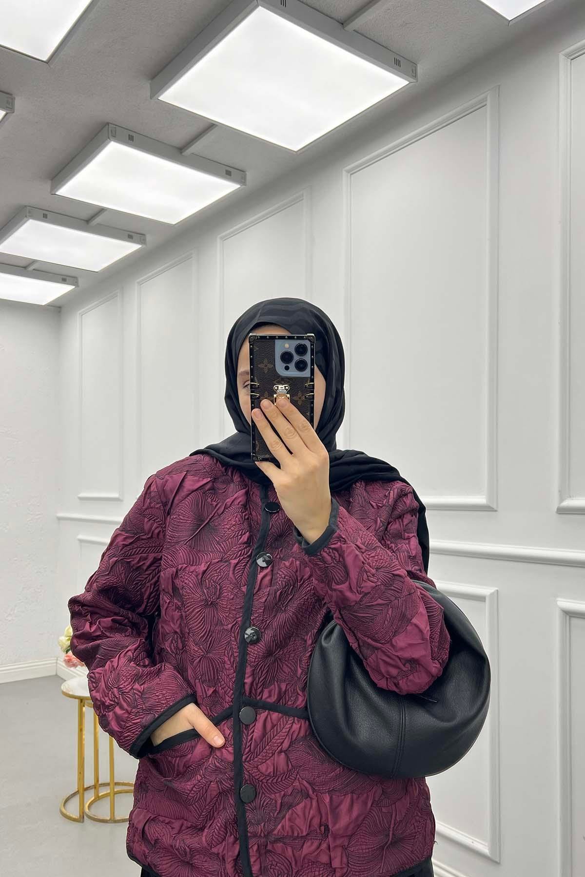 Desenli Kapitone Ceket Bordo