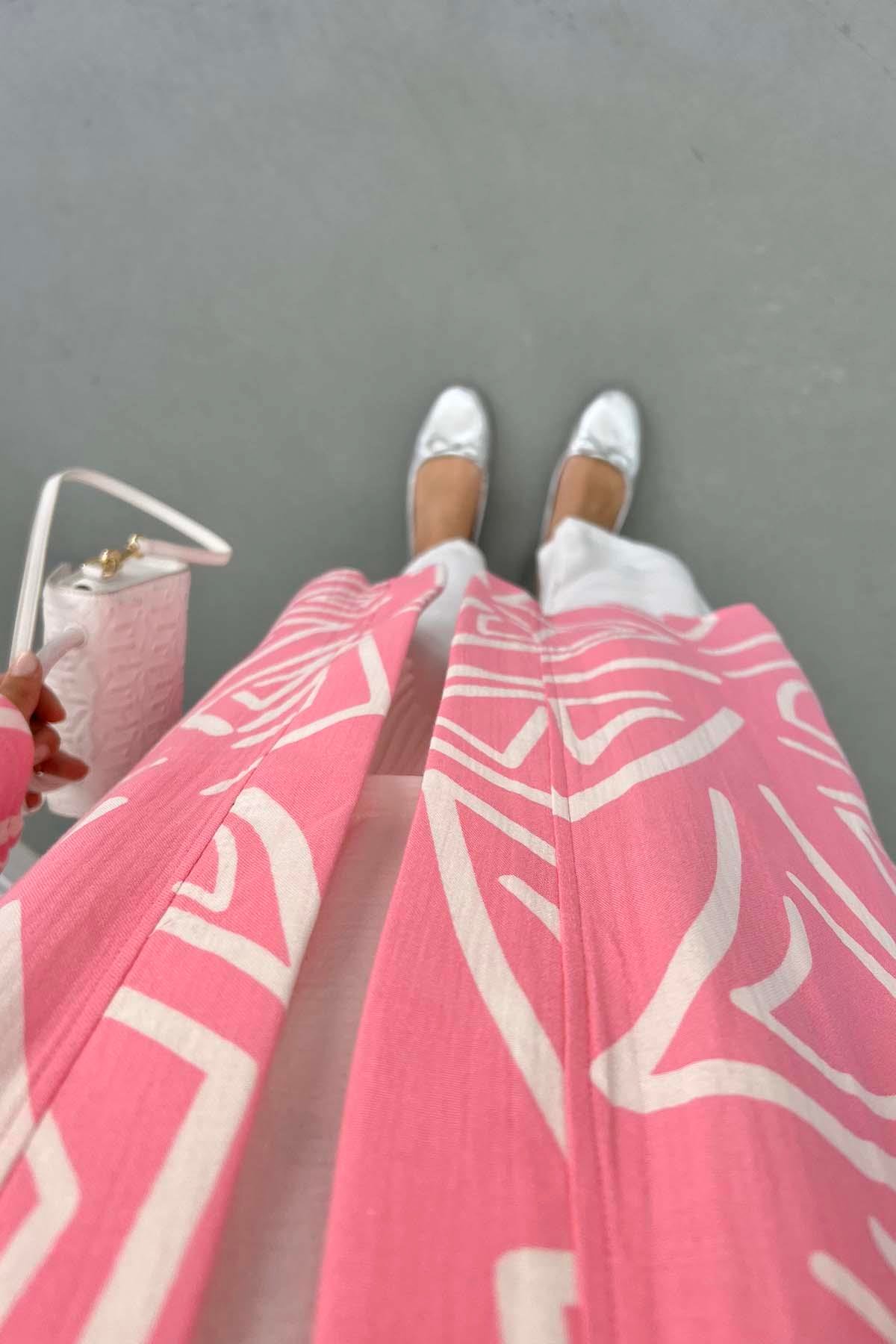 Desenli Keten Kimono Pembe