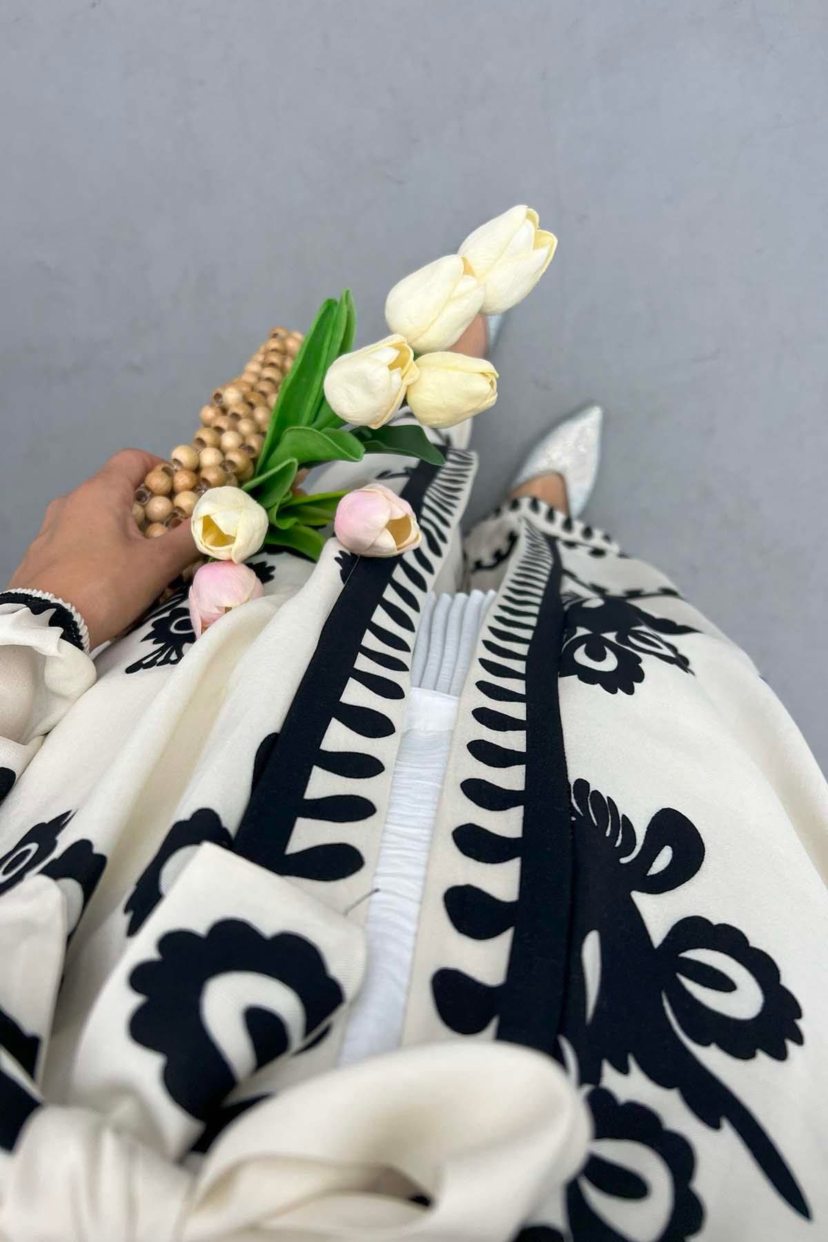 Desenli Kimono Takım Beyaz