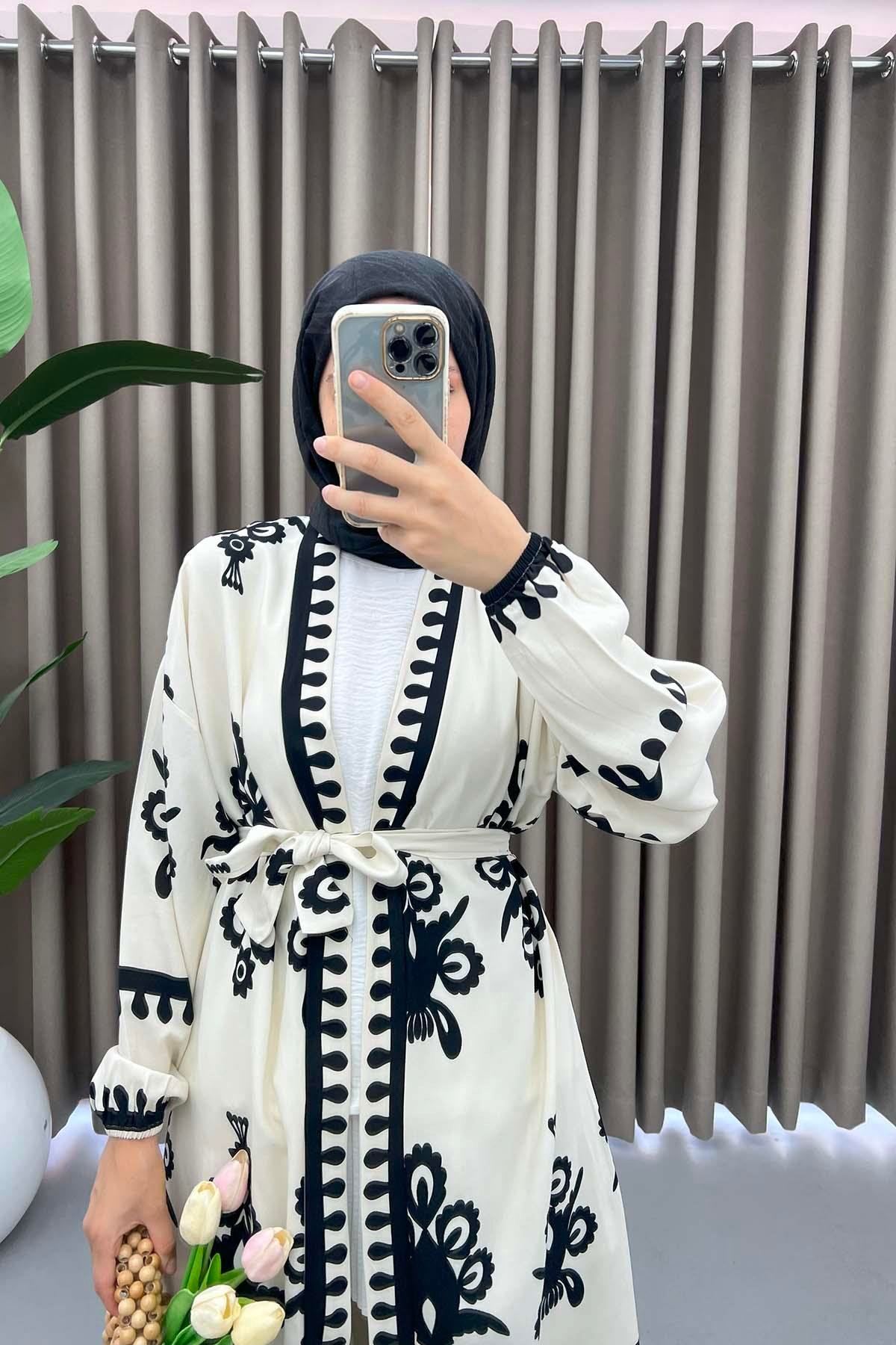 Desenli Kimono Takım Beyaz