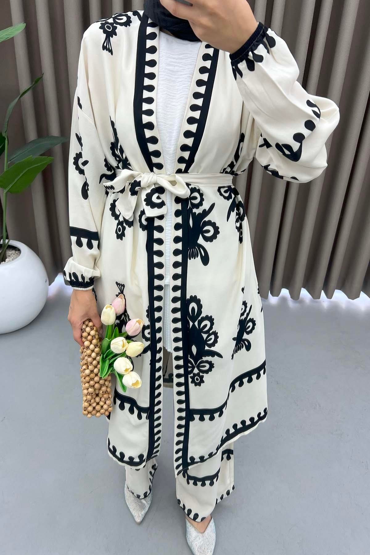 Desenli Kimono Takım Beyaz