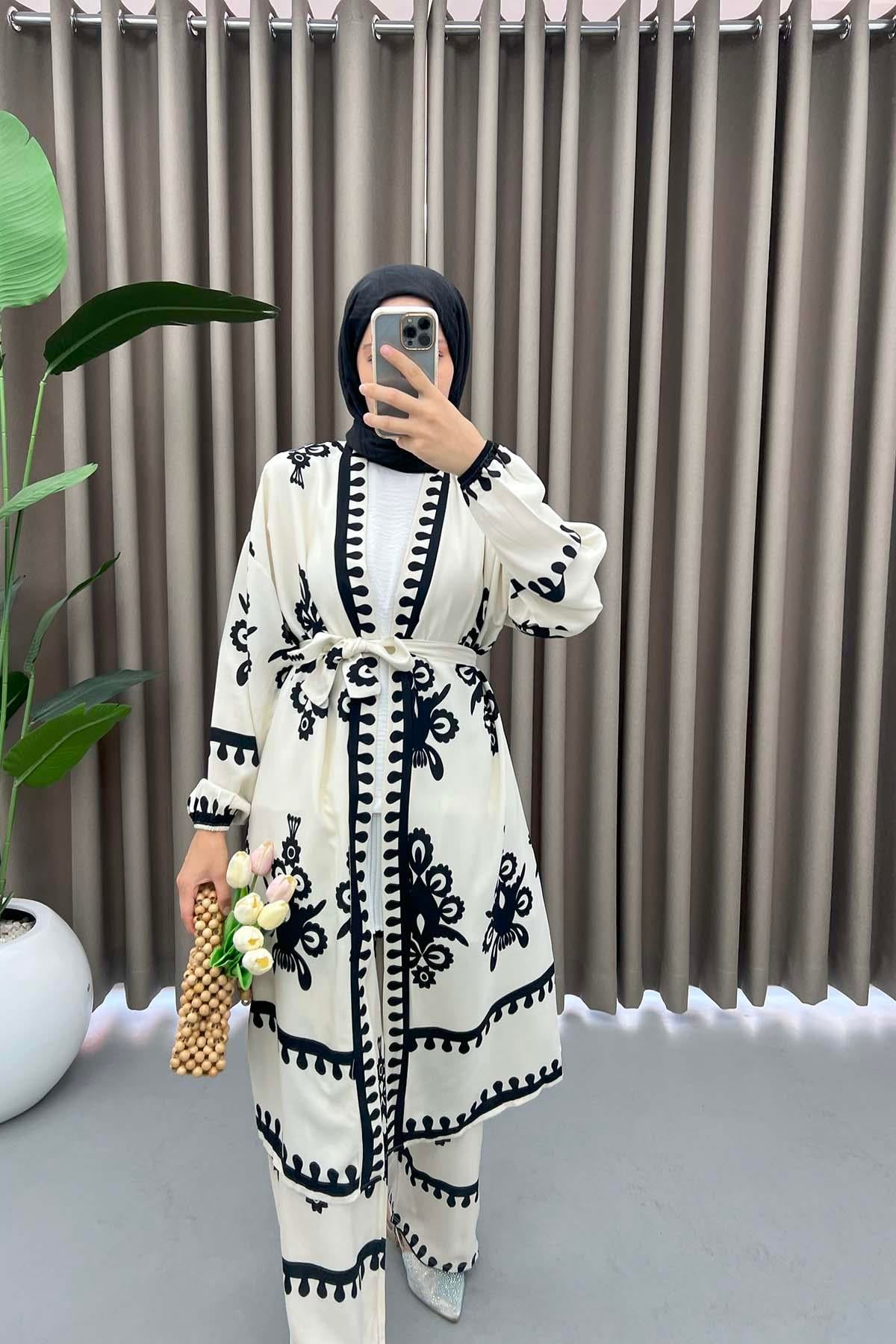 Desenli Kimono Takım Beyaz