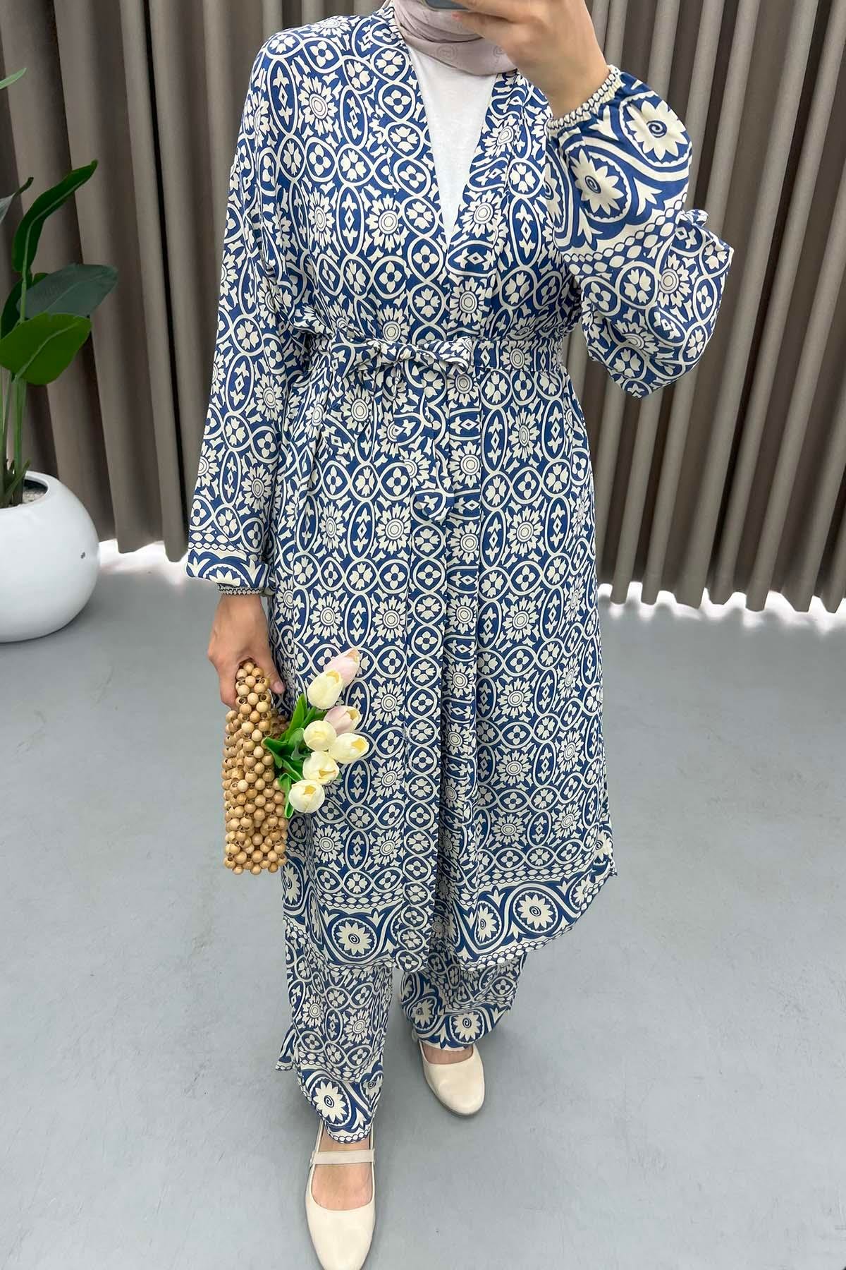 Desenli Kimono Takım Lacivert