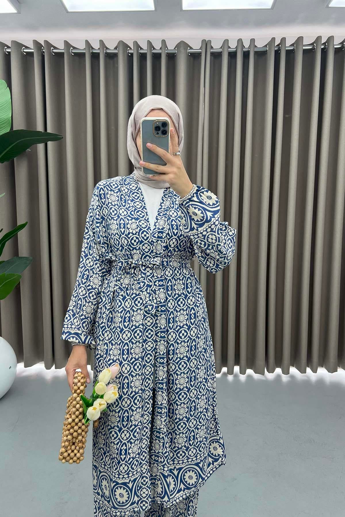 Desenli Kimono Takım Lacivert
