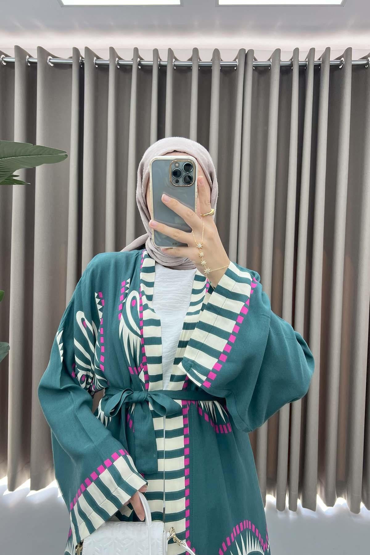 Desenli Kimono Takım Petrol Yeşili