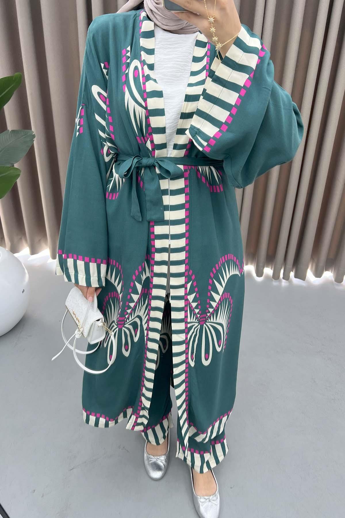 Desenli Kimono Takım Petrol Yeşili
