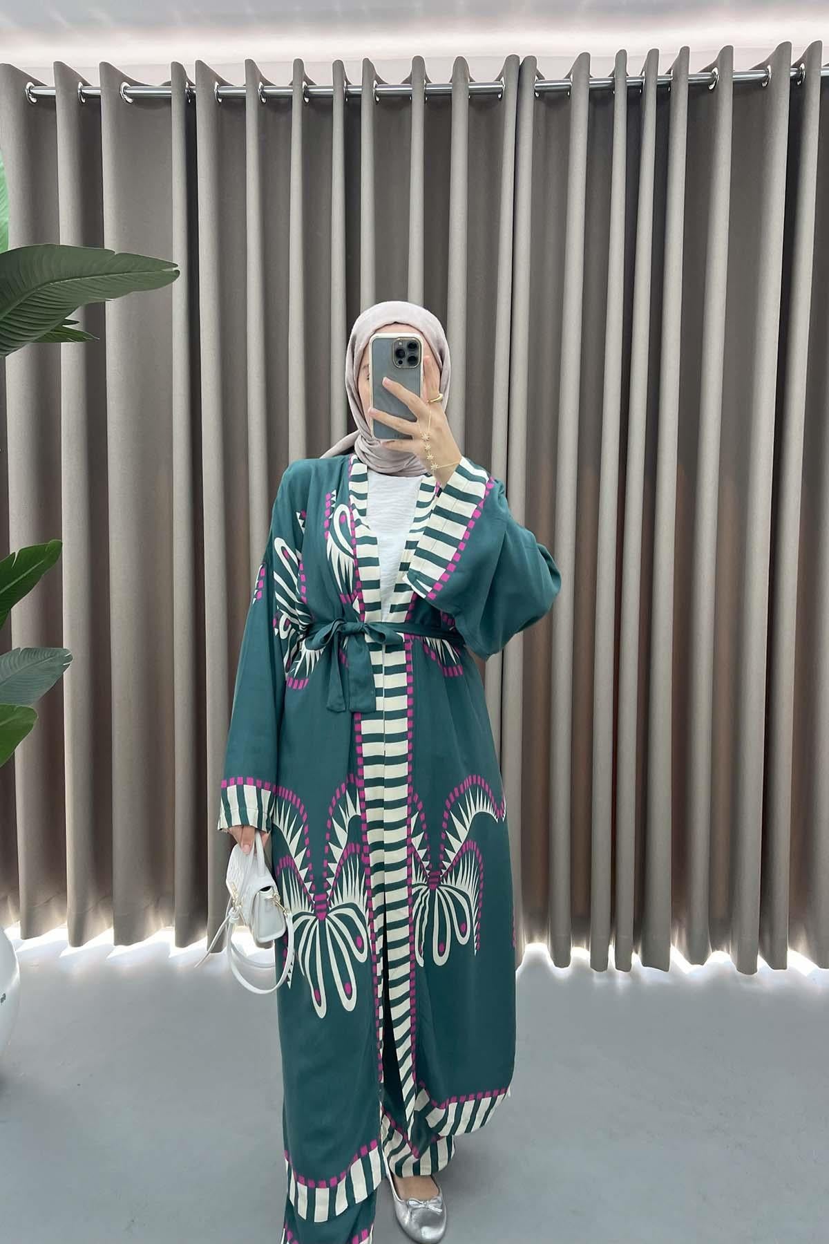 Desenli Kimono Takım Petrol Yeşili