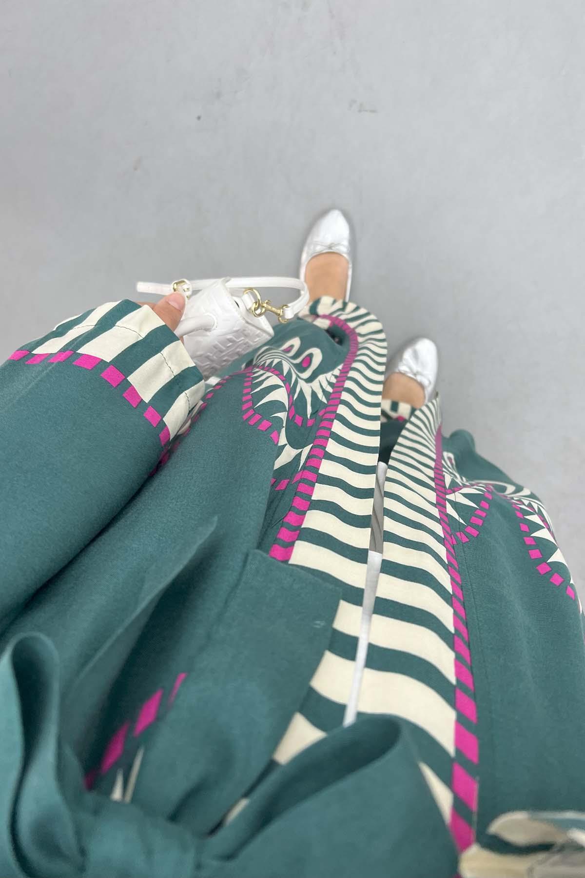 Desenli Kimono Takım Petrol Yeşili