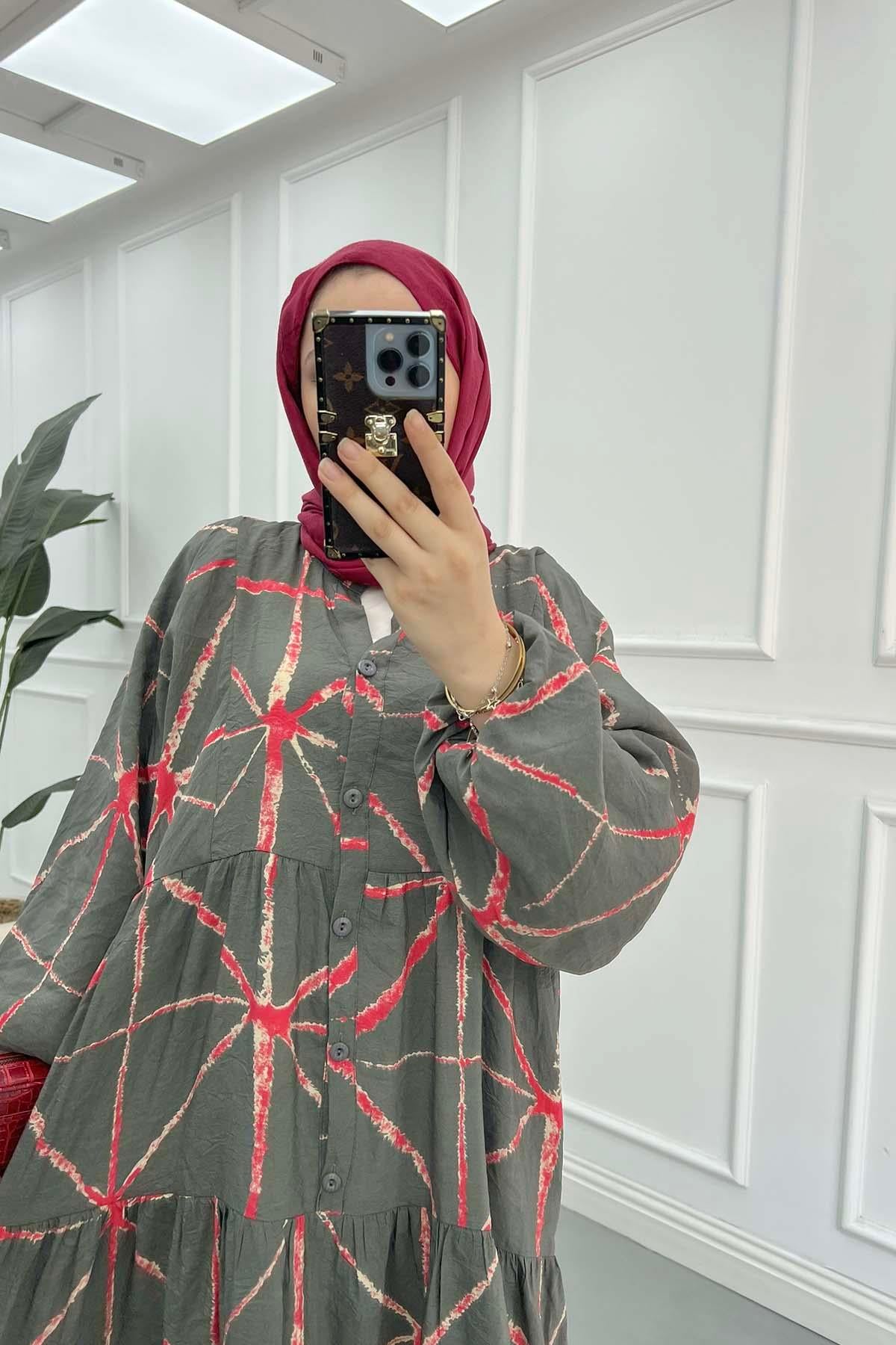 Desenli Mango Elbise Antrasit - Kırmızı