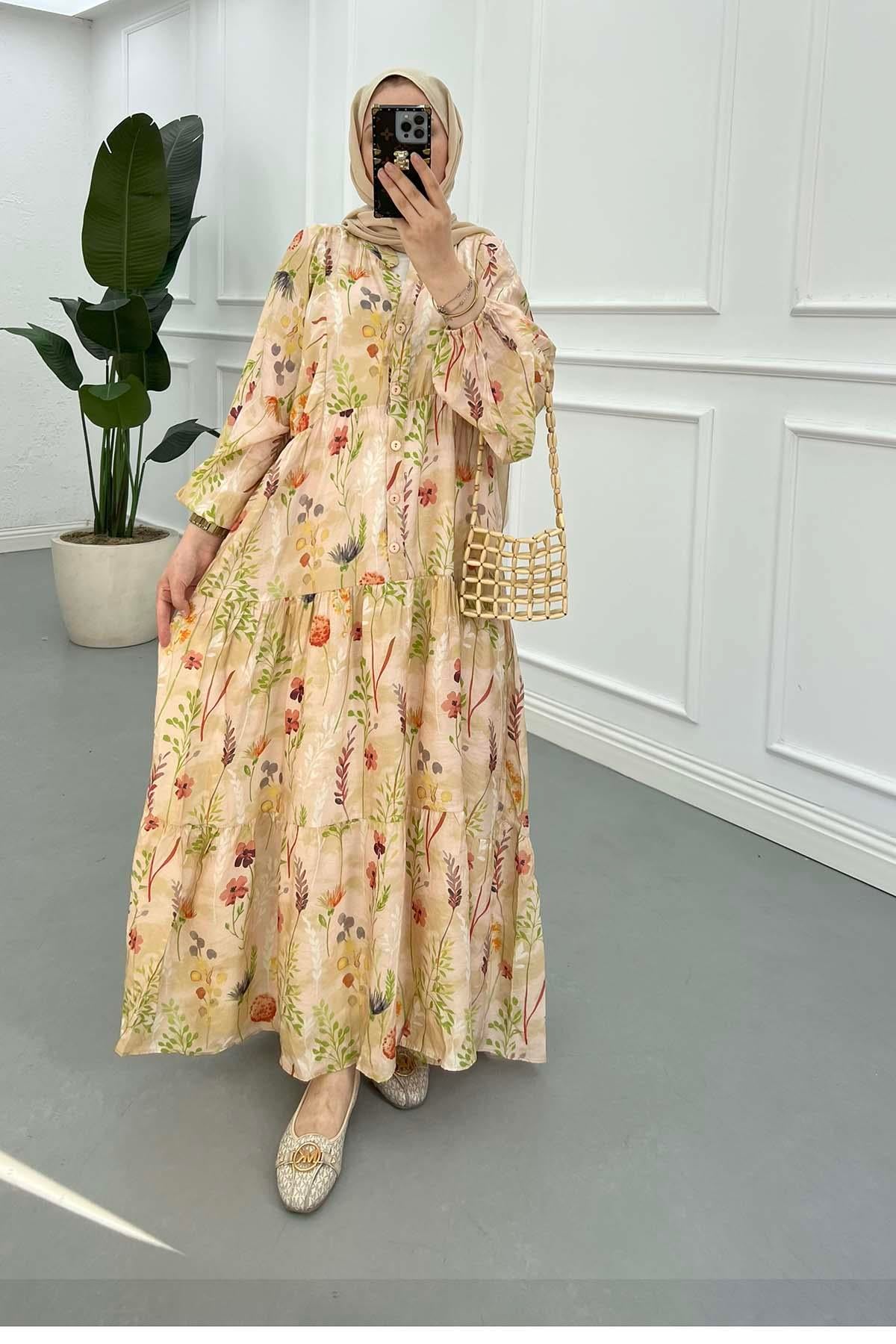 Desenli Mango Elbise Bej