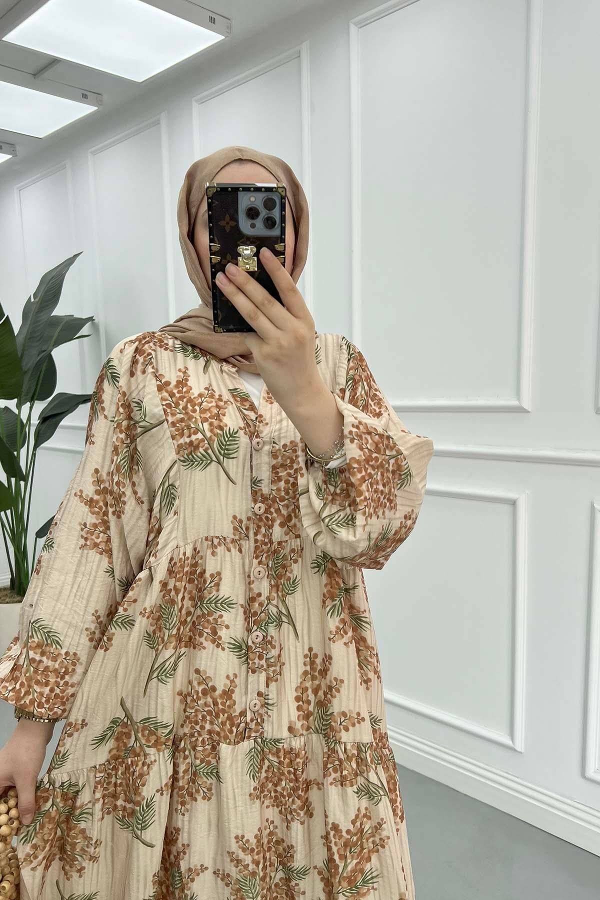 Desenli Mango Elbise Bej - Kahve