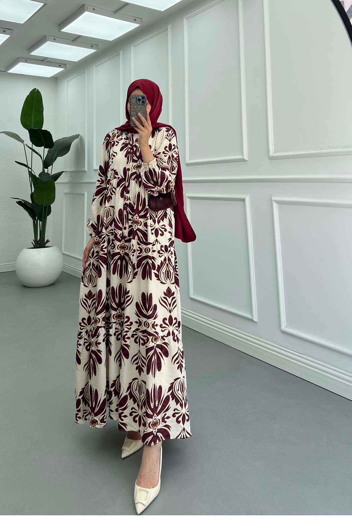 Desenli Mango Elbise Bordo