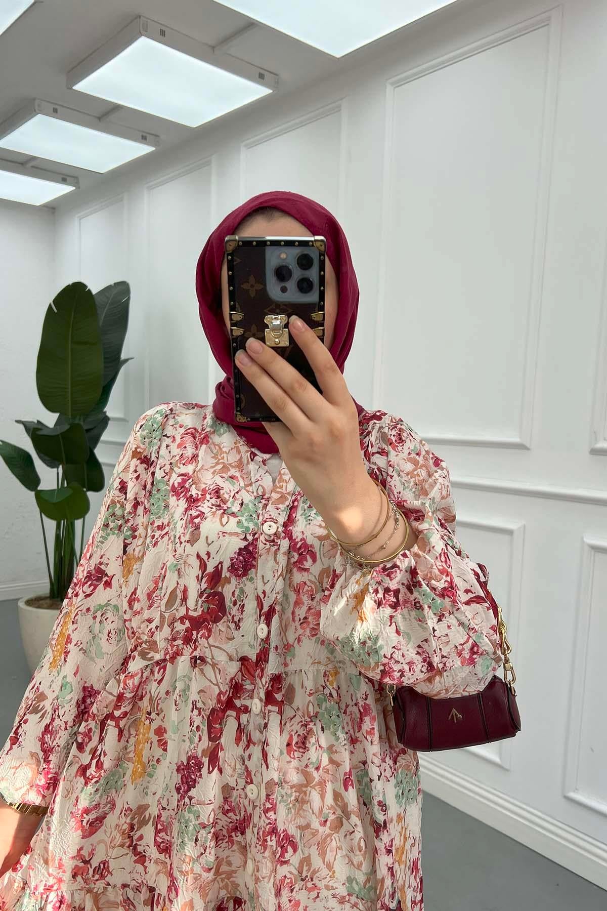 Desenli Mango Elbise Bordo