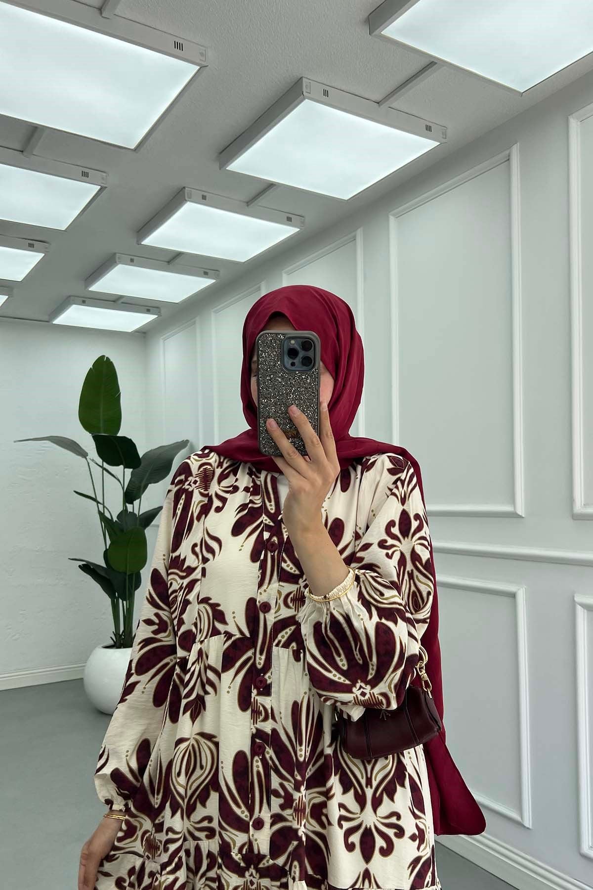 Desenli Mango Elbise Bordo