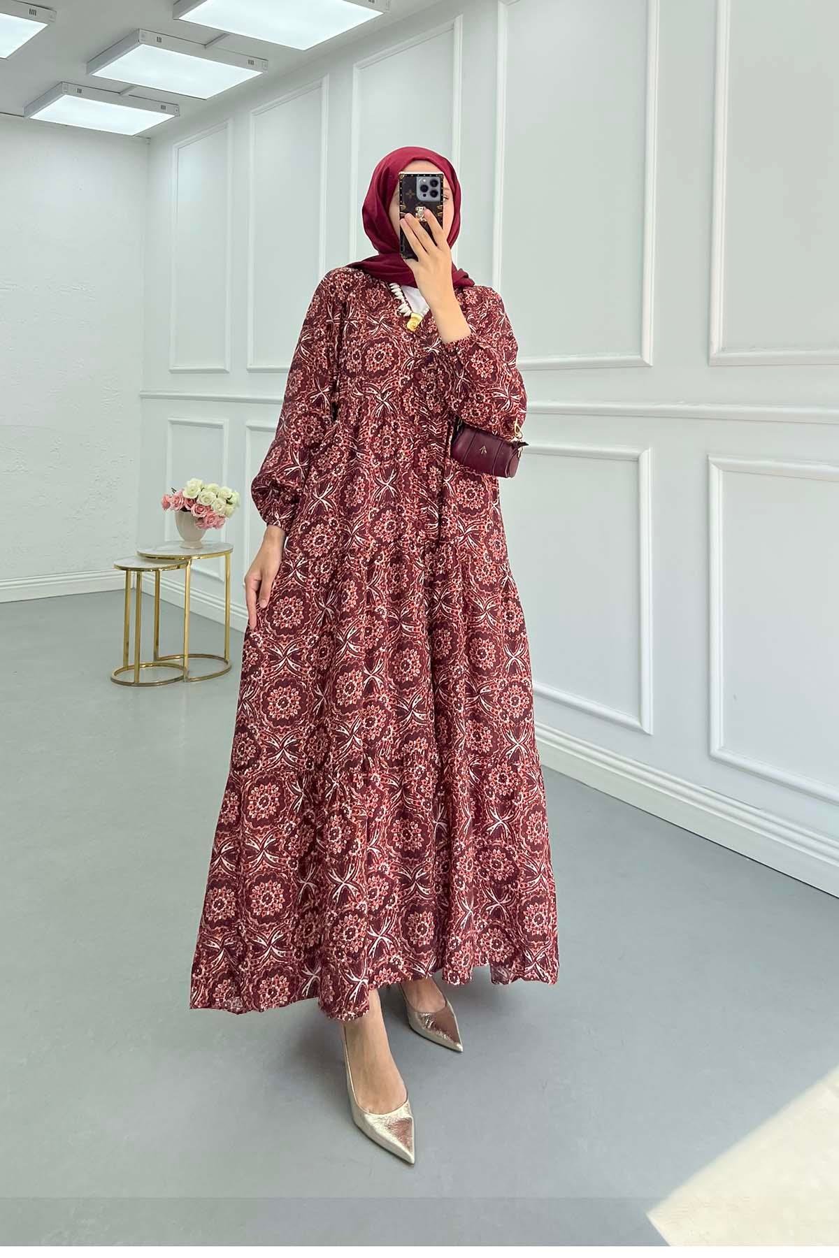 Desenli Mango Elbise Bordo