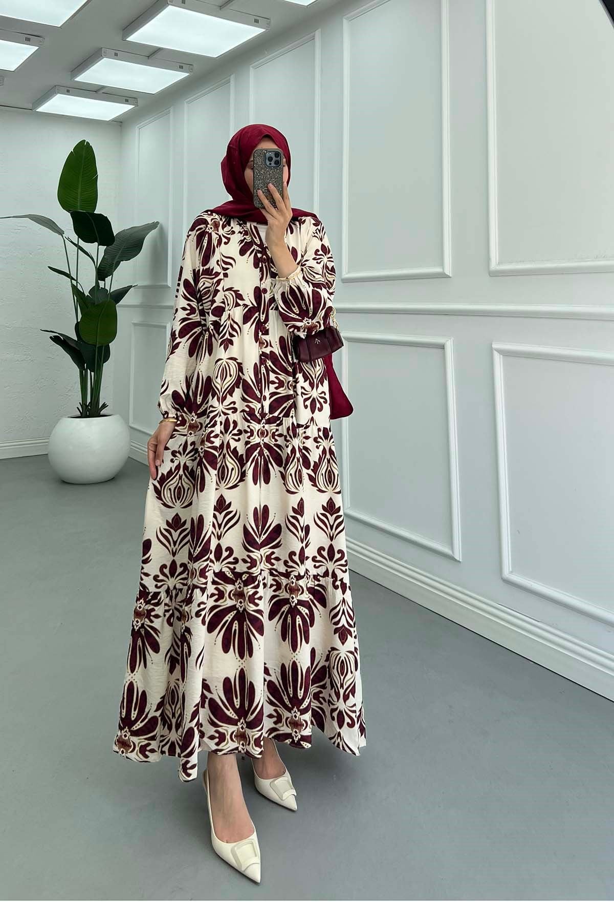 Desenli Mango Elbise Bordo