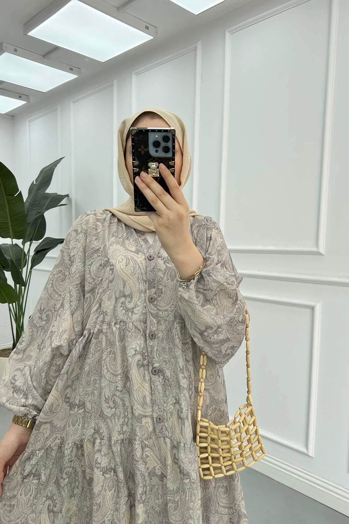 Desenli Mango Elbise Gri