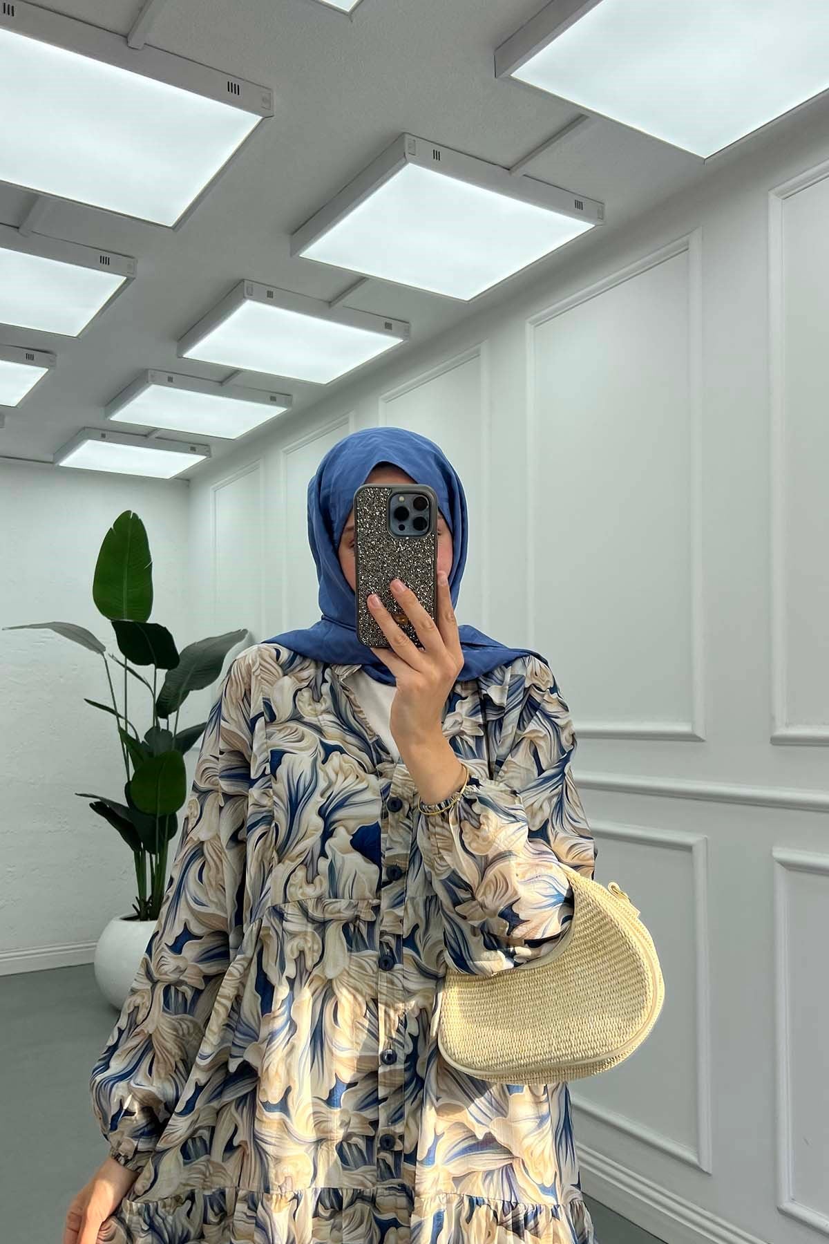 Desenli Mango Elbise Lacivert