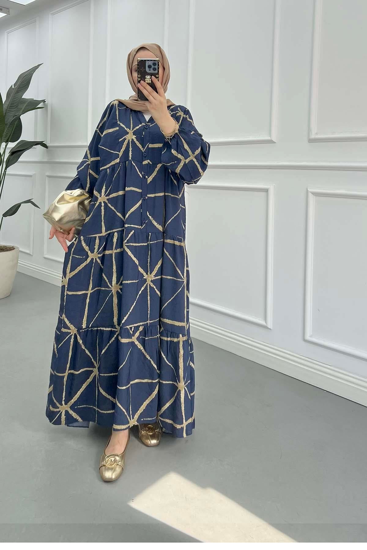 Desenli Mango Elbise Lacivert - Vizon