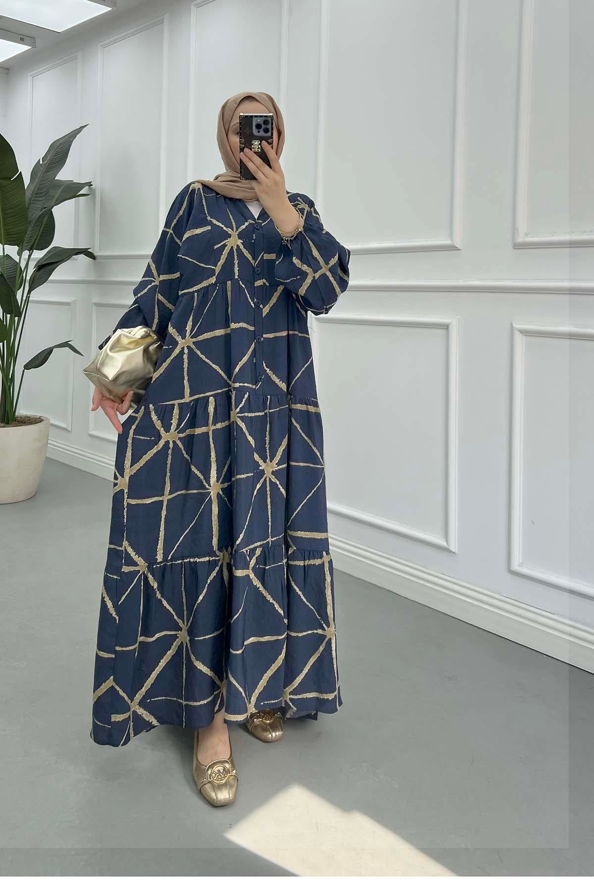 Desenli Mango Elbise Lacivert - Vizon