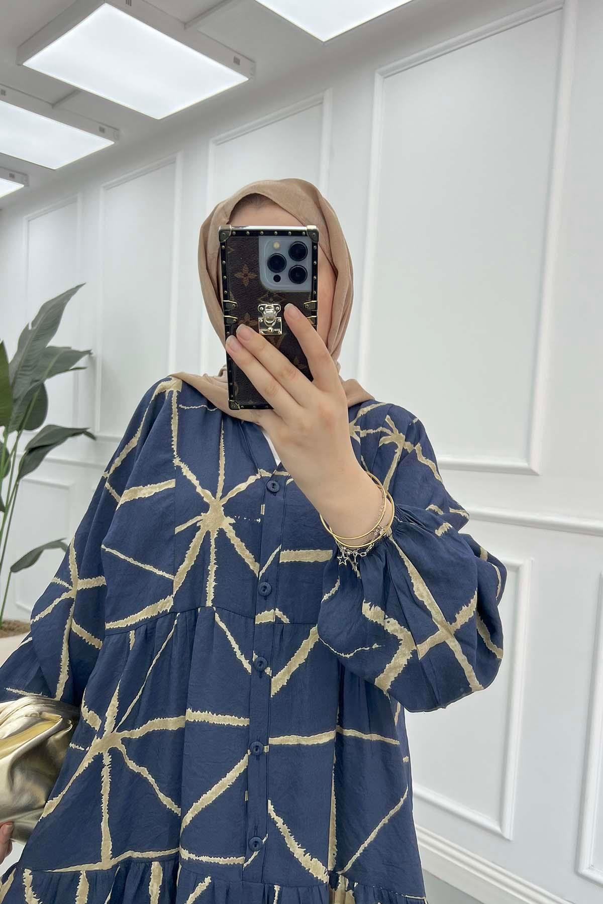 Desenli Mango Elbise Lacivert - Vizon