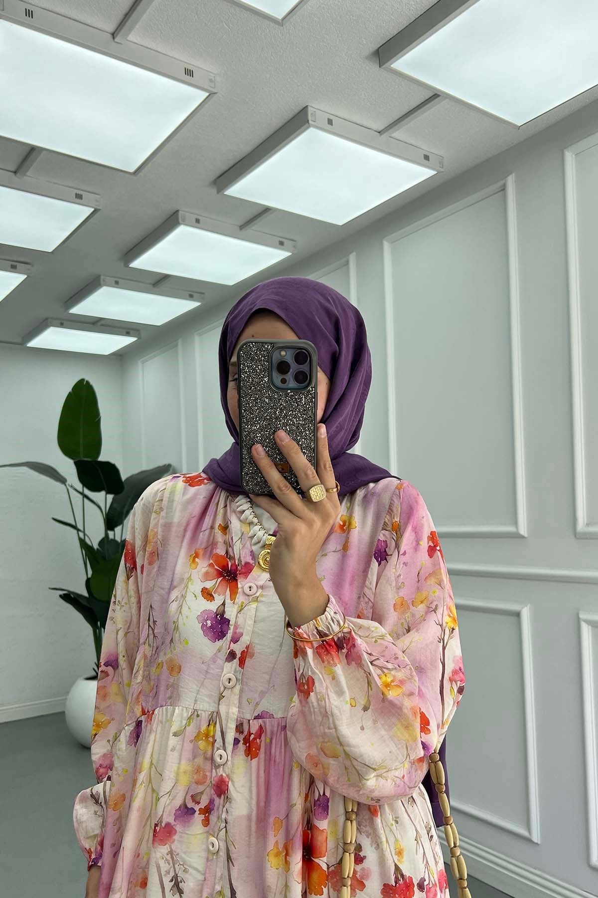 Desenli Mango Elbise Lila