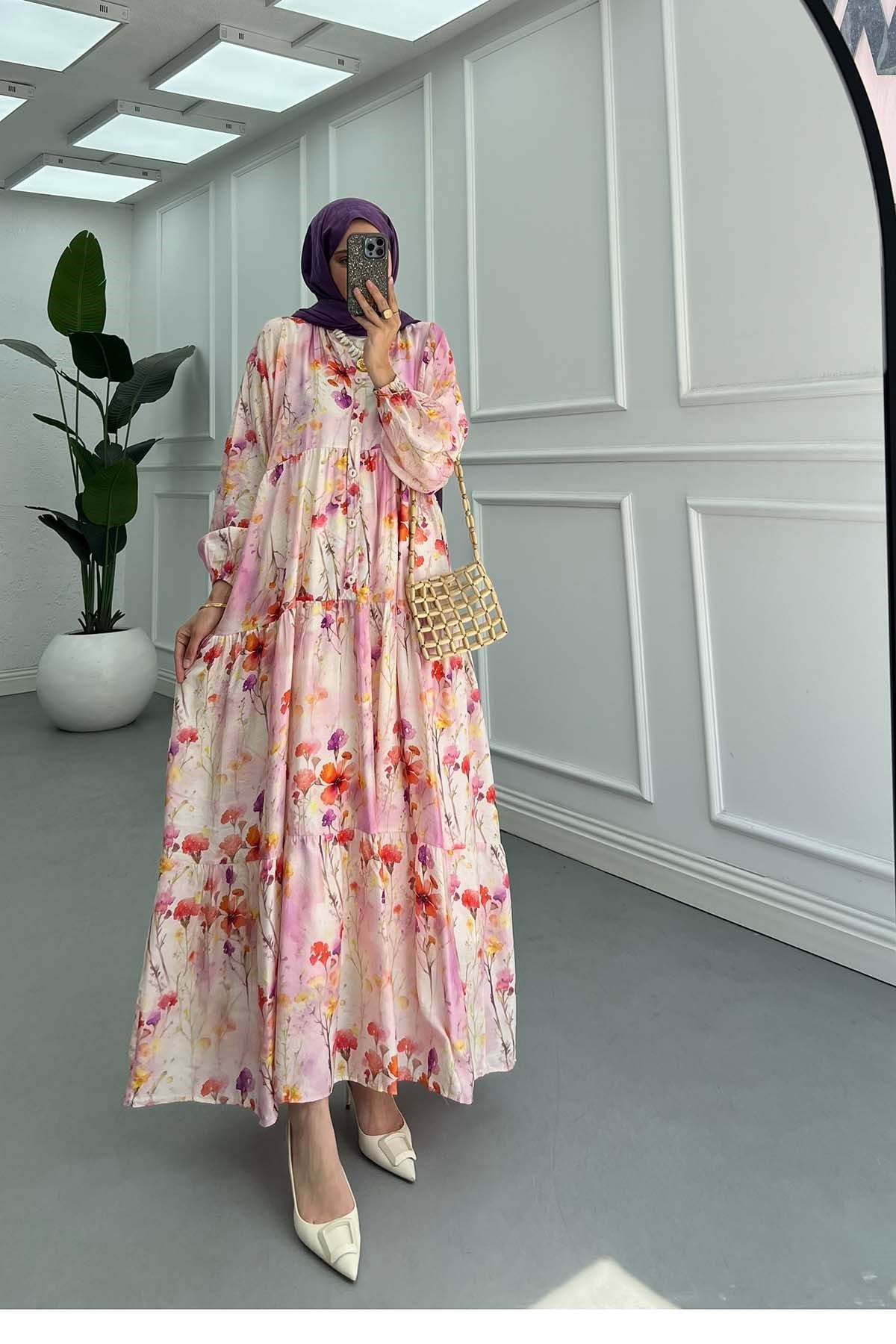 Desenli Mango Elbise Lila