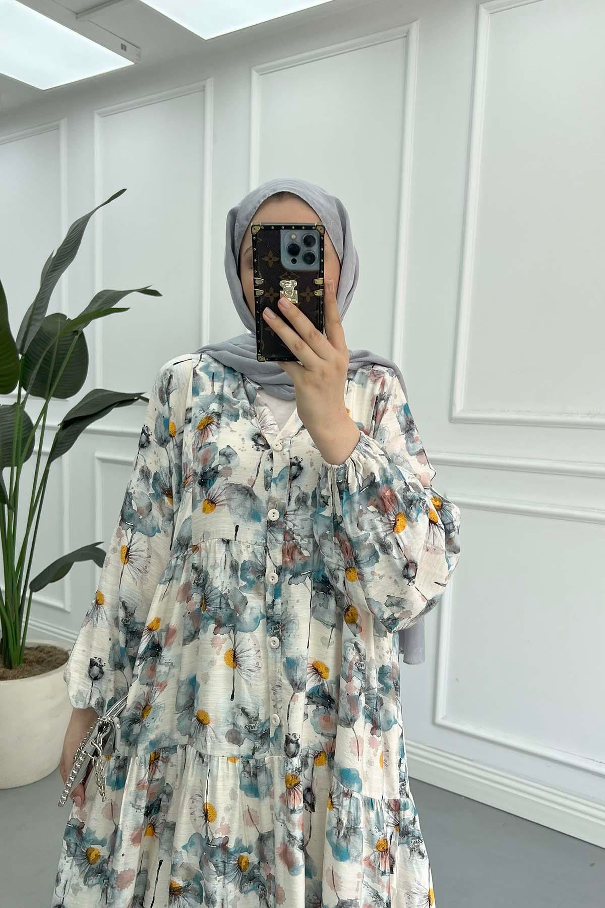 Desenli Mango Elbise Mavi