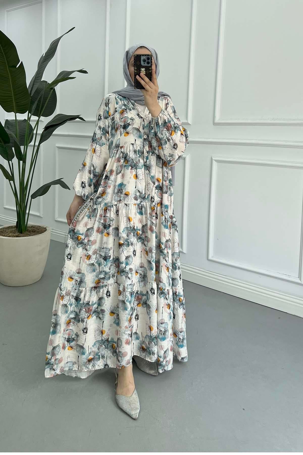 Desenli Mango Elbise Mavi