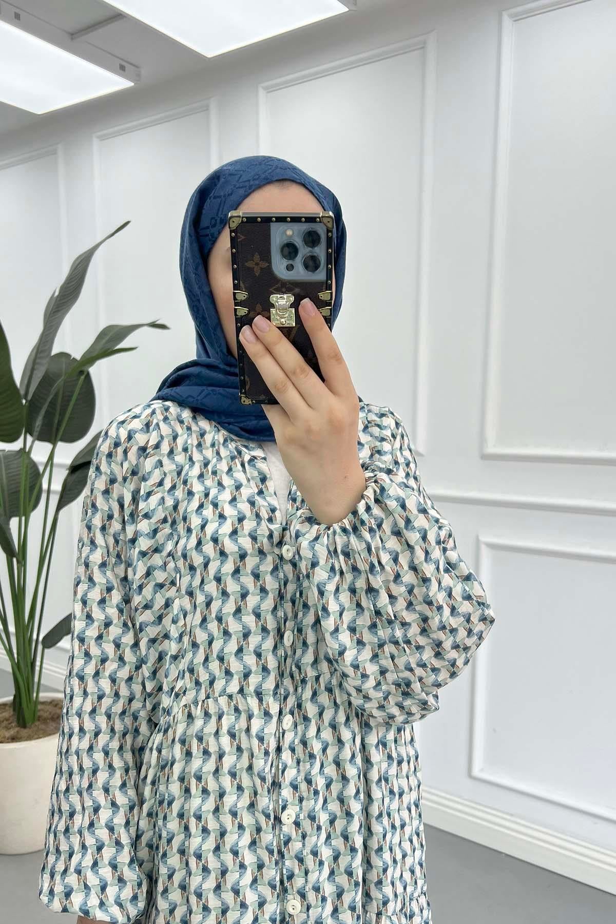 Desenli mango Elbise Mavi
