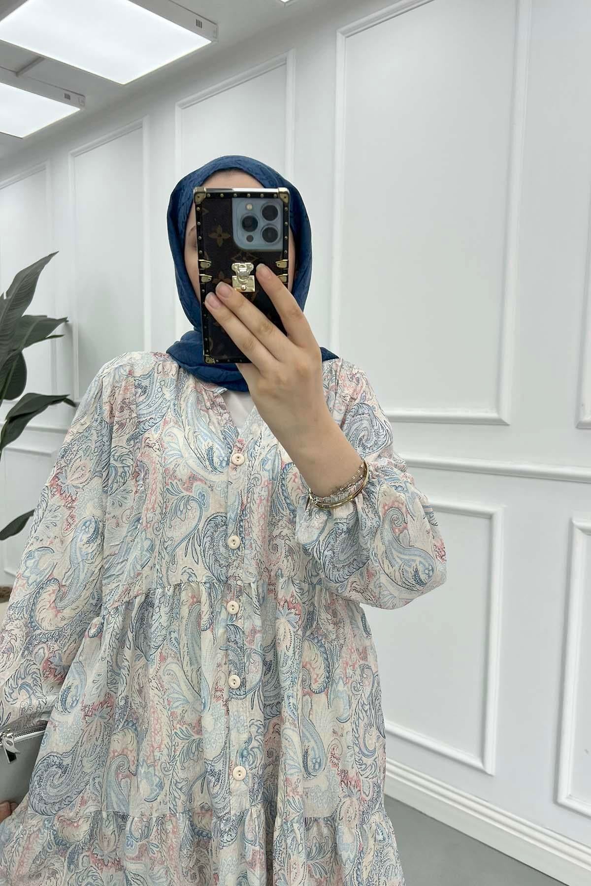 Desenli Mango Elbise Mavi