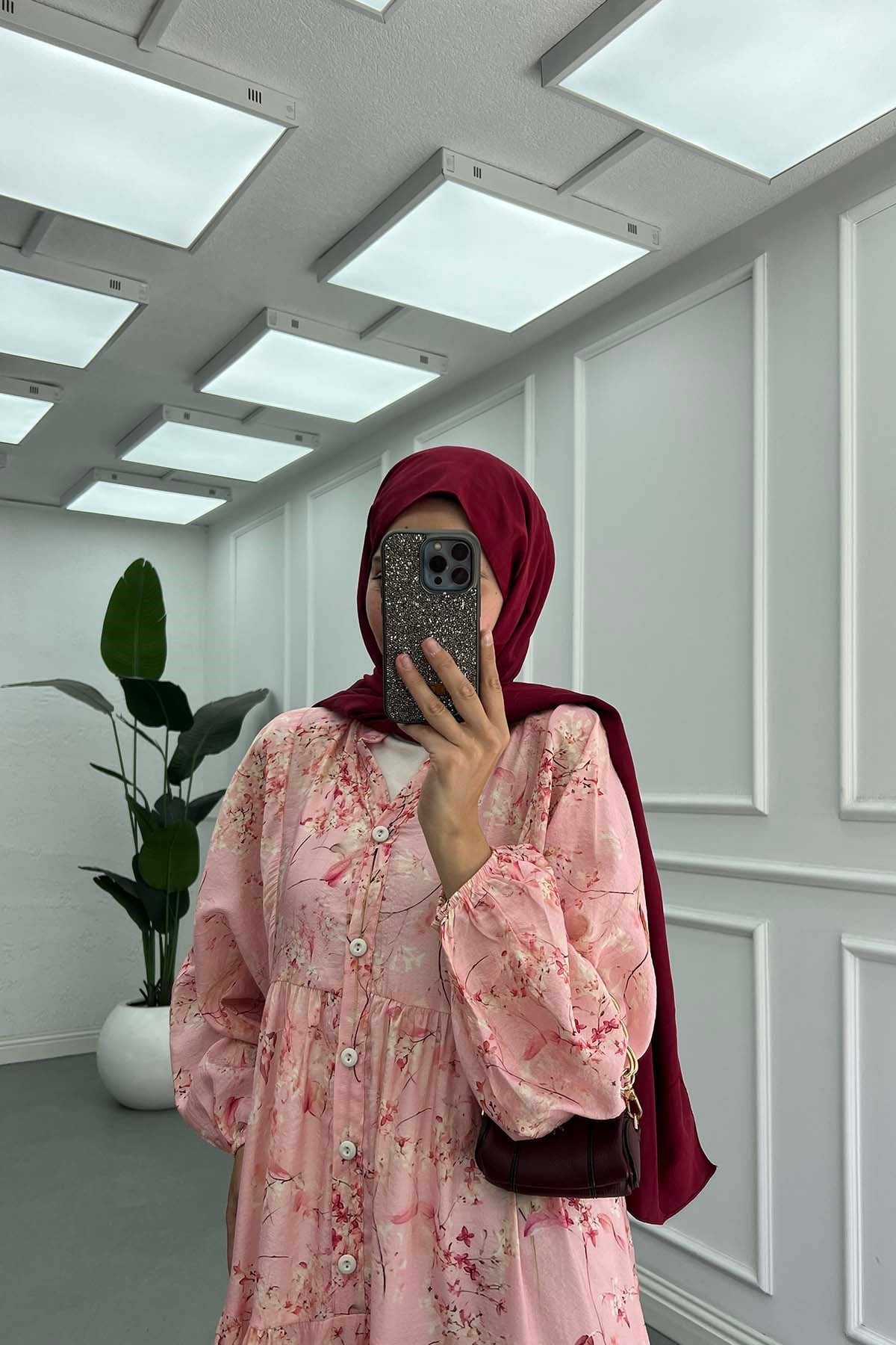 Desenli Mango Elbise Pembe
