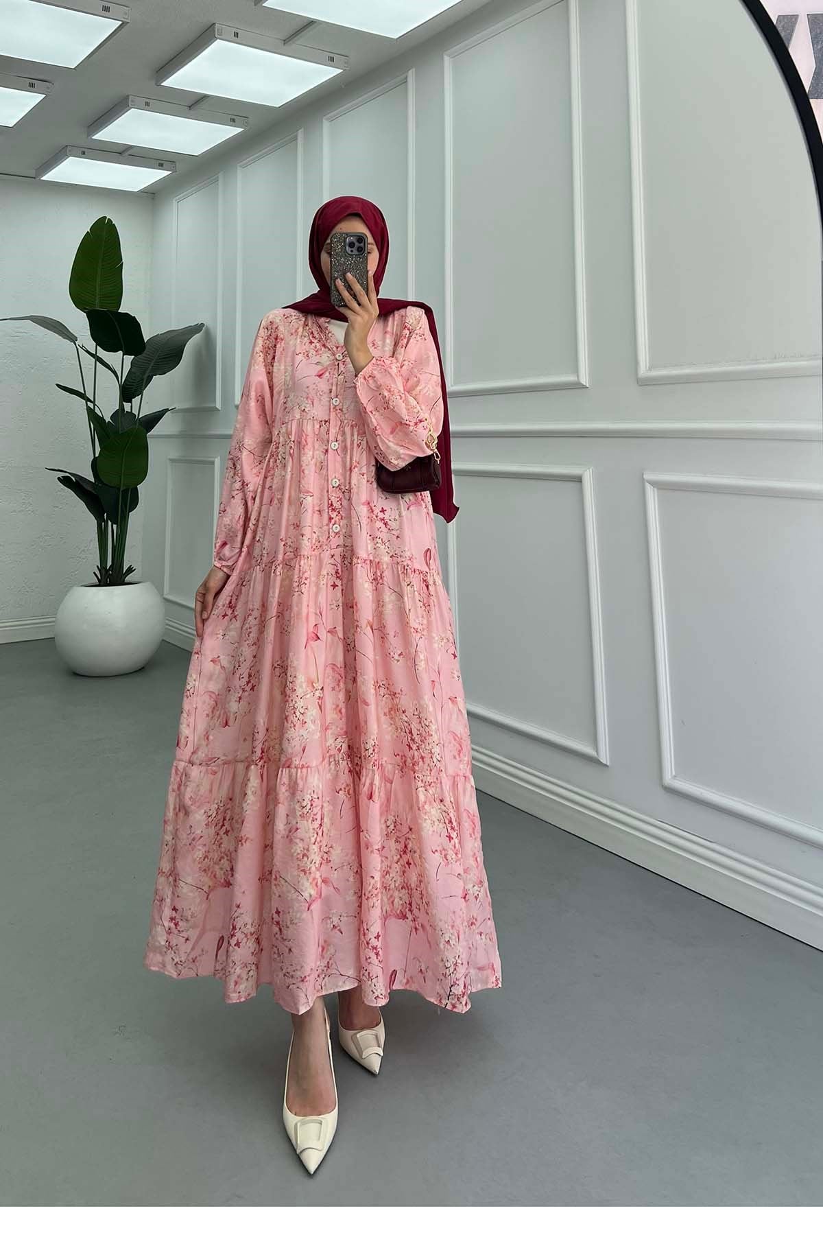 Desenli Mango Elbise Pembe