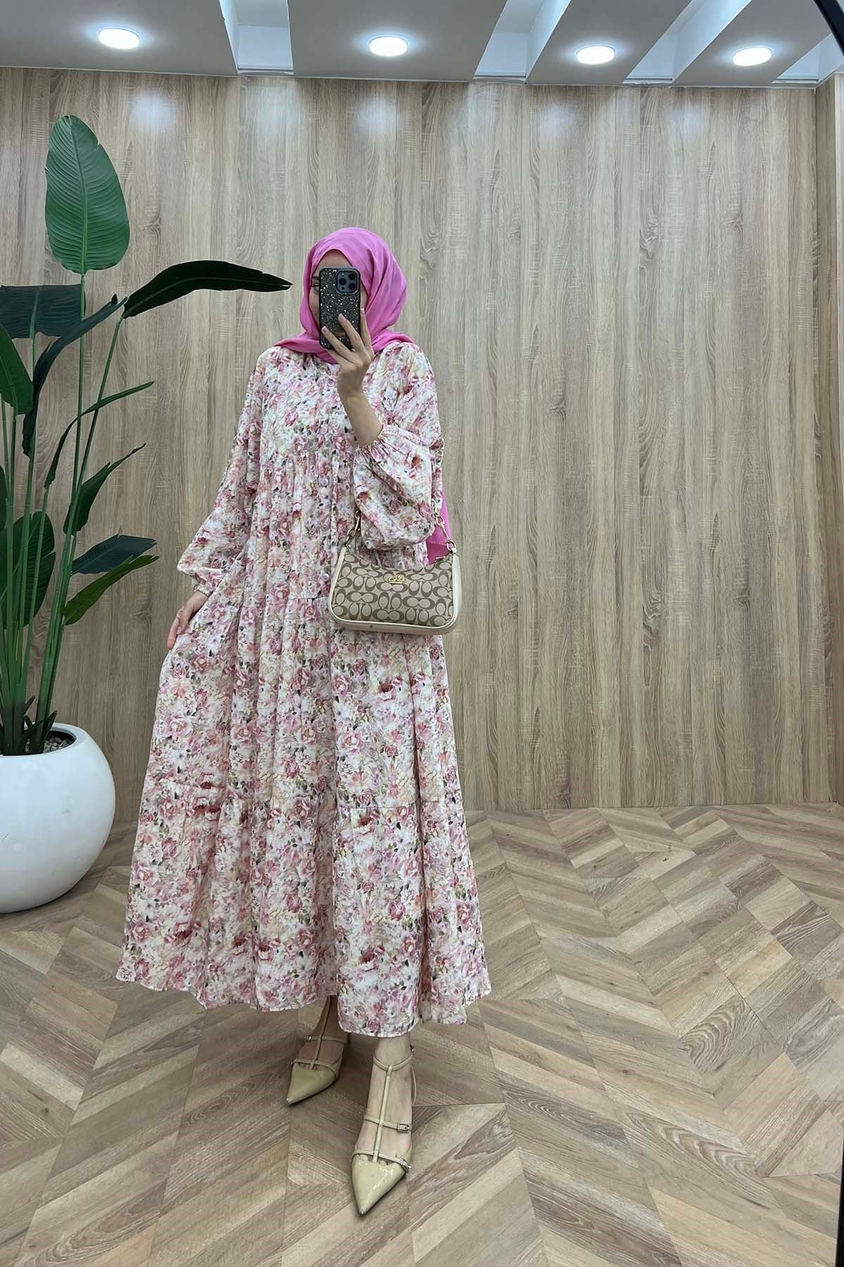 Desenli Mango Elbise Pembe